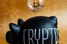 bitcoin crypto coin in piggy bank
